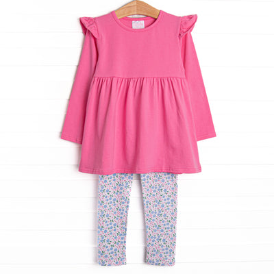  This set features a hot pink flutter shoulder top and pink floral leggings to match. 