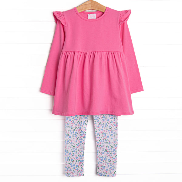  This set features a hot pink flutter shoulder top and pink floral leggings to match. 