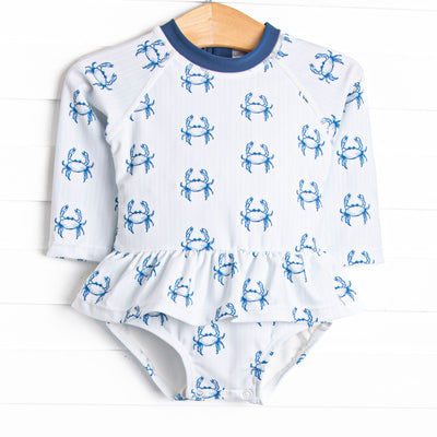 Nautical Navy Long Sleeve One Piece Skirted Rash Guard, Blue