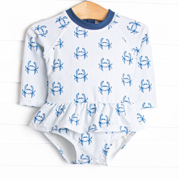 Nautical Navy Long Sleeve One Piece Skirted Rash Guard, Blue