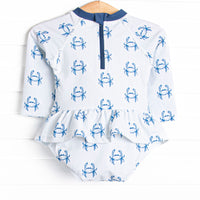 Nautical Navy Long Sleeve One Piece Skirted Rash Guard, Blue