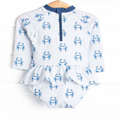 Nautical Navy Long Sleeve One Piece Skirted Rash Guard, Blue