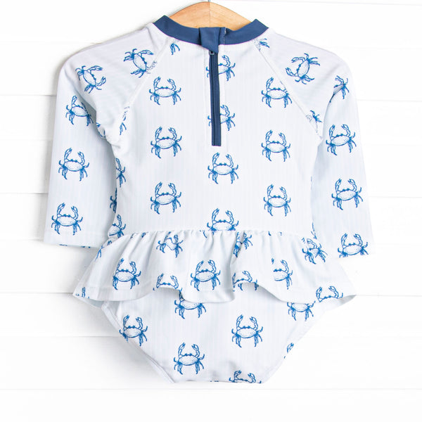 Nautical Navy Long Sleeve One Piece Skirted Rash Guard, Blue