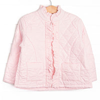  Quilted details, pink fabric, a full-length zipper for easy use and front pockets to keep little hands warm. 
