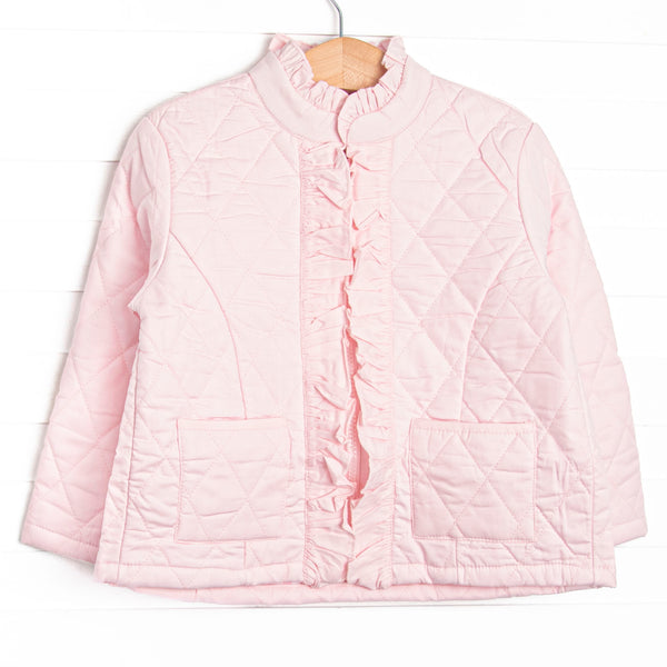  Quilted details, pink fabric, a full-length zipper for easy use and front pockets to keep little hands warm. 