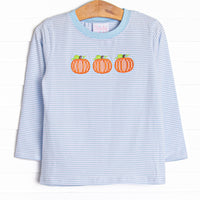 This top features a blue striped print, the softest knit material, and a trio of pumpkins appliques.