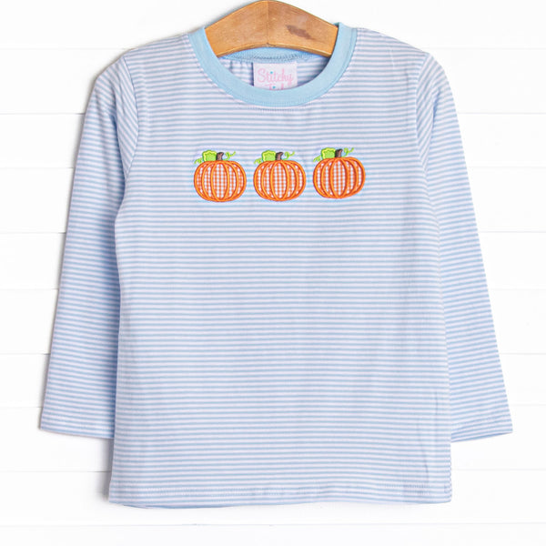 This top features a blue striped print, the softest knit material, and a trio of pumpkins appliques.