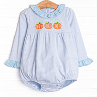  This bubble features a blue striped print, ruffle trim, and a trio of pumpkins appliques. 
