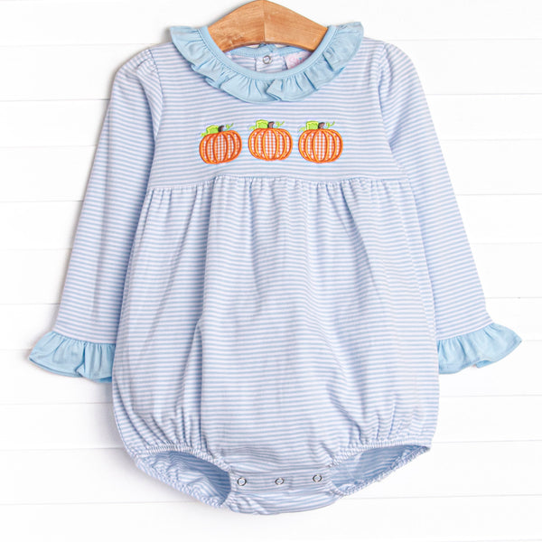  This bubble features a blue striped print, ruffle trim, and a trio of pumpkins appliques. 