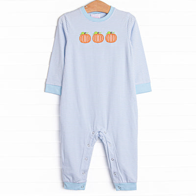 This romper features a blue striped print, snaps on the stride, and a trio of pumpkins appliques.