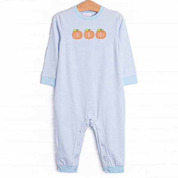 This romper features a blue striped print, snaps on the stride, and a trio of pumpkins appliques.