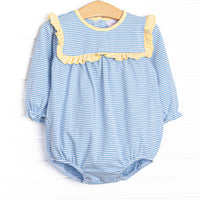 Featured here in medium blue stripes and with yellow ruffle trim!