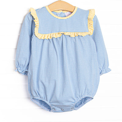 Featured here in medium blue stripes and with yellow ruffle trim!