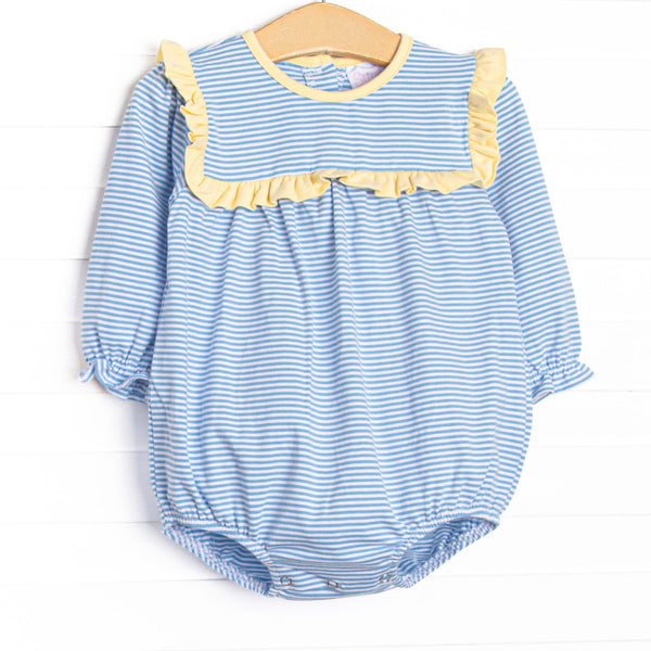 Featured here in medium blue stripes and with yellow ruffle trim!
