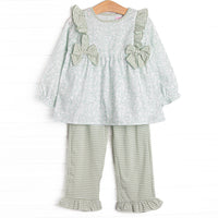 Garden Gate Gingham Side Tie Ruffle Pant Set, Green