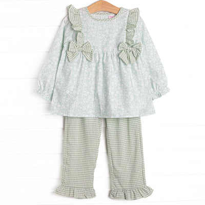 Garden Gate Gingham Side Tie Ruffle Pant Set, Green