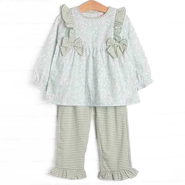 Garden Gate Gingham Side Tie Ruffle Pant Set, Green