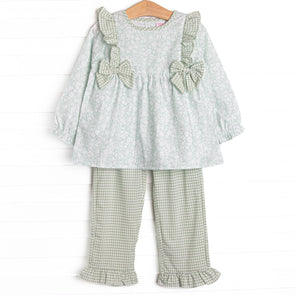 Garden Gate Gingham Side Tie Ruffle Legging Set, Green