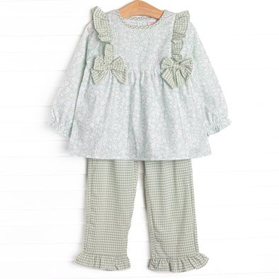 Garden Gate Gingham Side Tie Ruffle Legging Set, Green