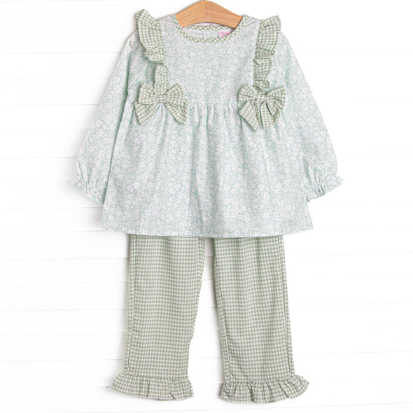 Garden Gate Gingham Side Tie Ruffle Legging Set, Green