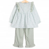 Garden Gate Gingham Side Tie Ruffle Pant Set, Green