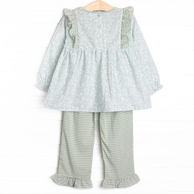 Garden Gate Gingham Side Tie Ruffle Pant Set, Green