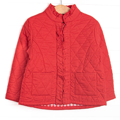 Quilted details, red fabric, a full-length zipper for easy use and front pockets to keep little hands warm.
