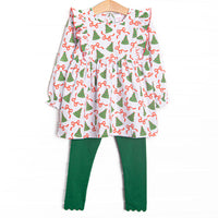 This set features a Christmas tree and ribbon print top with flutter shoulders and red picot trim. Coordinating green leggings to match.