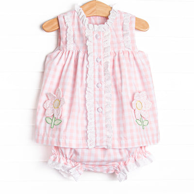 Bleu: Louise Applique Diaper Set, Pink Check