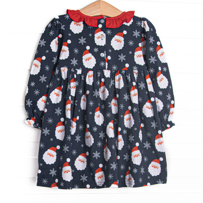 Seasonal Snowfall Ruffle Neck Side Tie Dress, Navy
