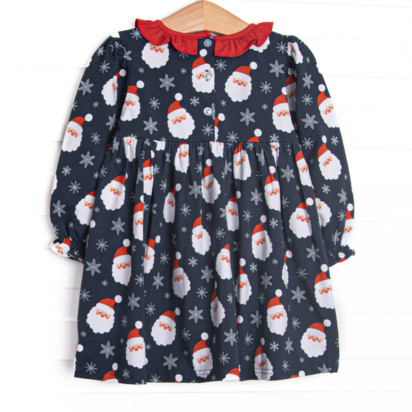 Seasonal Snowfall Ruffle Neck Side Tie Dress, Navy