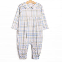 This romper features sage and blue plaid fabric, a Peter Pan collar, and snaps along the stride to make changing a breeze.