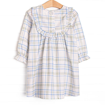 Sage and Sky Plaid Long Sleeve Ruffle Dress, Green