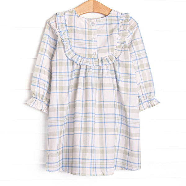Sage and Sky Plaid Long Sleeve Ruffle Dress, Green