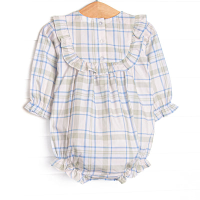 Sage and Sky Plaid Long Sleeve Ruffle Bubble, Green