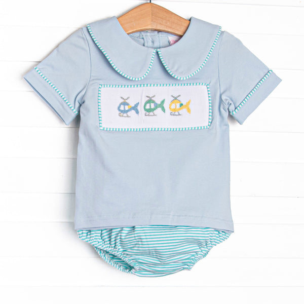 This set features a blue short sleeve top with a peter pan collar and a trio of helicopter smockings. Coordinating mint striped diaper cover to match.