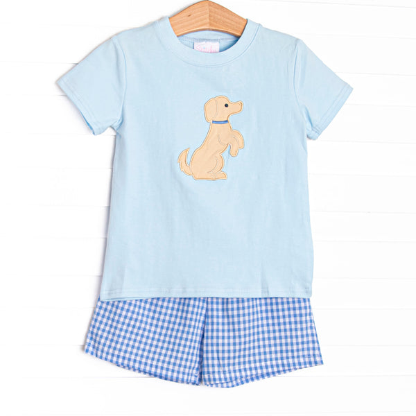 This set features a short sleeve blue top with a puppy applique and blue gingham shorts to match.