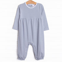  The Romper features long sleeves, snaps in the stride to make changing a breeze, and soft knit material. 