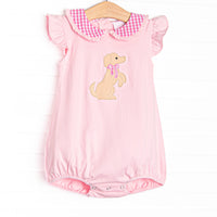 This bubble features a flutter sleeves, a puppy applique, and a pink gingham peter pan collar. 