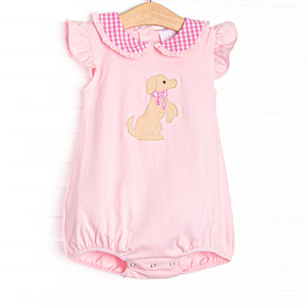  This bubble features a flutter sleeves, a puppy applique, and a pink gingham peter pan collar. 