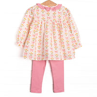 Bow Bouquets Ruffle Neck Pocket Legging Set, Pink