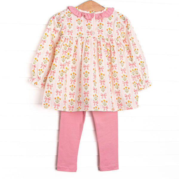 Bow Bouquets Ruffle Neck Pocket Legging Set, Pink