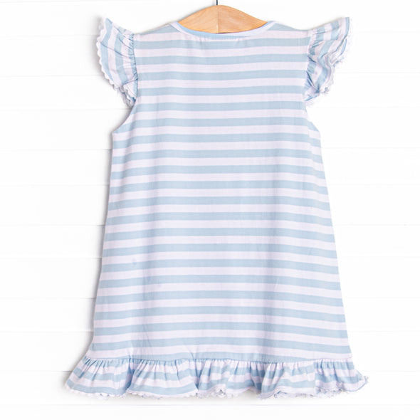 Blue Bunny Flutter Sleeve Applique Dress, Blue Stripe