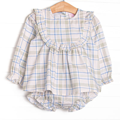 This set features sage and blue plaid fabric, ruffle chest trim, and long sleeves. Coordinating plaid diaper cover to match.