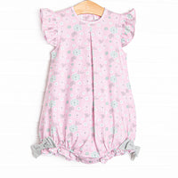  This bubble features a pink floral, flutter sleeves, and green gingham bow details. 