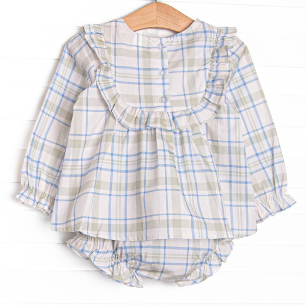 Sage and Sky Plaid Long Sleeve Ruffle Diaper Set, Green