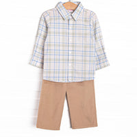  This set features sage and blue plaid fabric, a polo collar, and front buttons. Coordinating tan corduroy pants to match. 