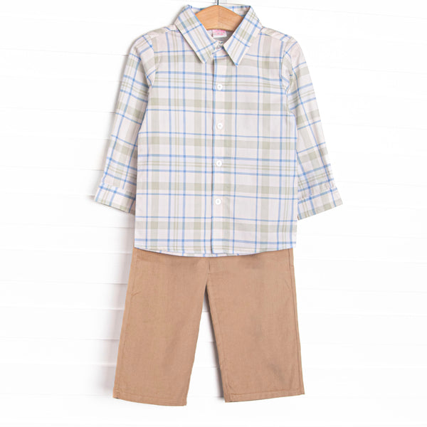  This set features sage and blue plaid fabric, a polo collar, and front buttons. Coordinating tan corduroy pants to match. 