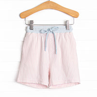 Sandy Shore Seersucker Swim Trunks, Blue and Pink