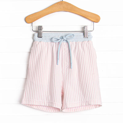 Sandy Shore Seersucker Swim Trunks, Blue and Pink